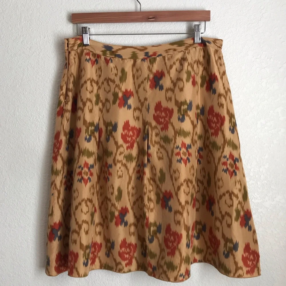 J. Jill  100% Silk  Floral Pleated A-Line Skirt Earth Tones Size 14
